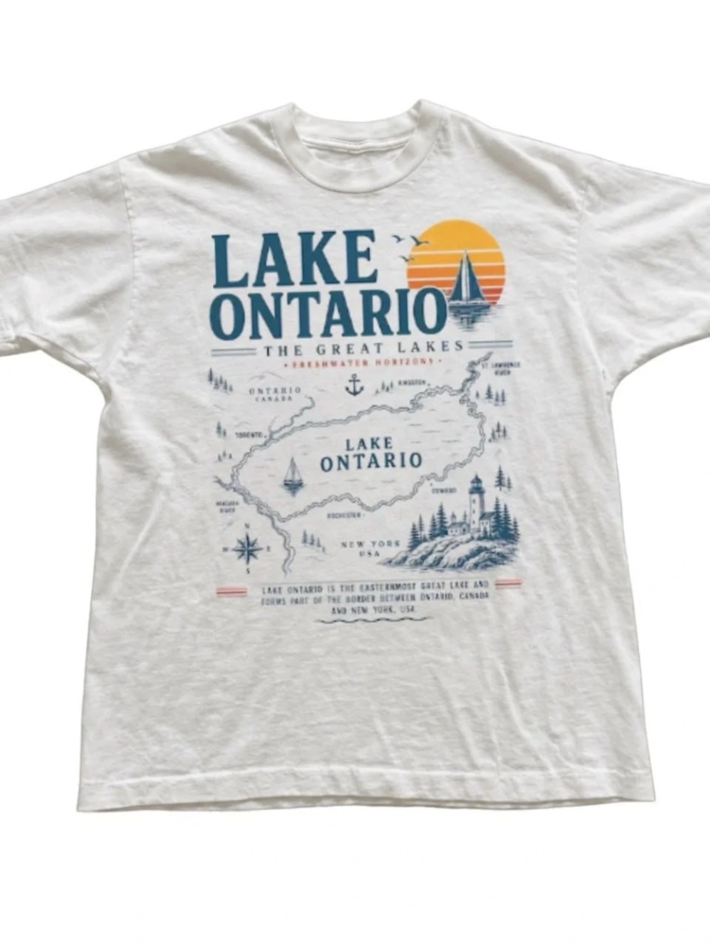 White Lake Ontario Graphic Tee with Blue & Yellow Print